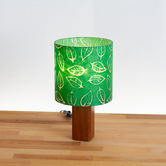 Square Sapele Table Lamp with 20cm Drum Lamp Shade B126 ~ Batik Leaf Bright Green