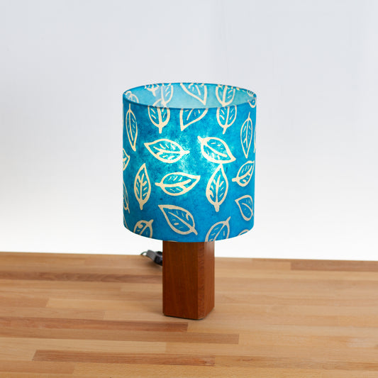Square Sapele Table Lamp with 20cm Drum Lamp Shade B125 ~ Batik Leaf Teal