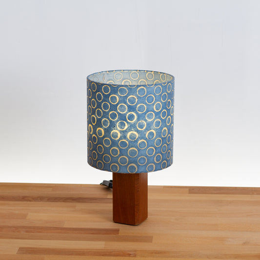 Square Sapele Table Lamp with 20cm Drum Lamp Shade P72 - Batik Blue Circles
