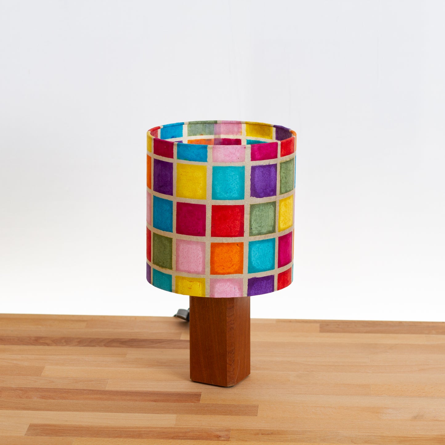 Square Sapele Table Lamp with 20cm Drum Lamp Shade P01 Batik Mutli Square