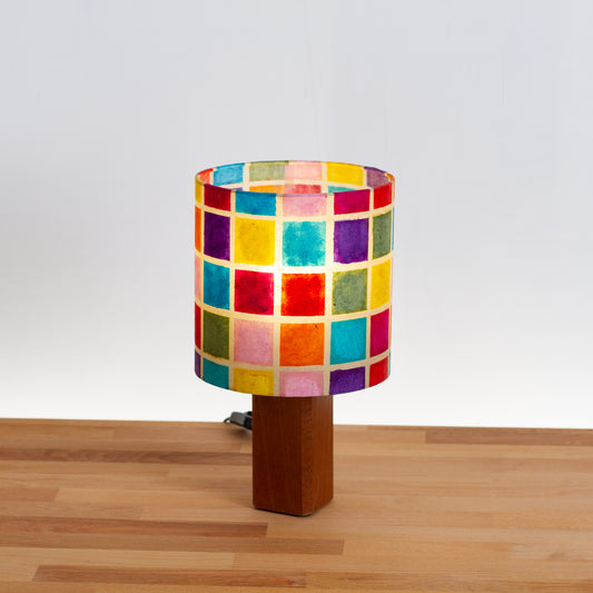 Square Sapele Table Lamp with 20cm Drum Lamp Shade P01 Batik Mutli Square