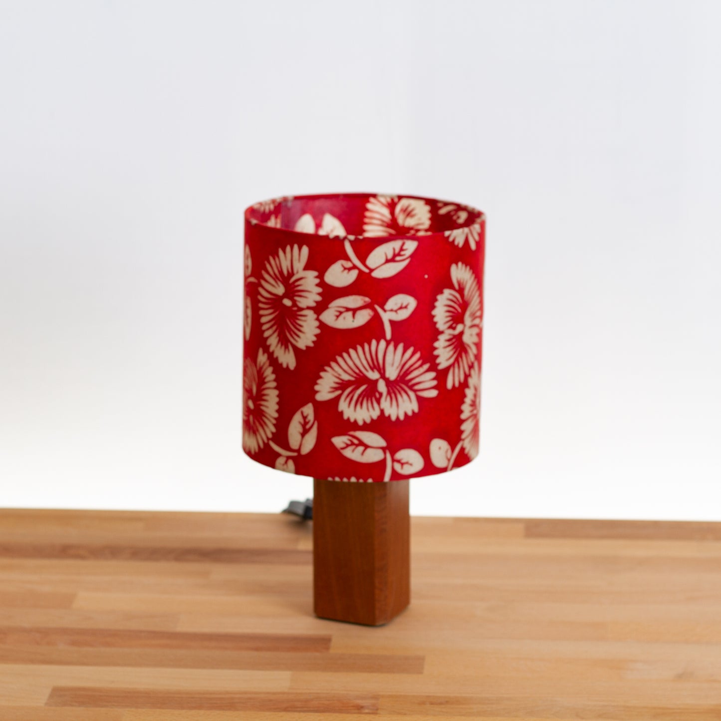 Square Sapele Table Lamp with 20cm Drum Lamp Shade B118 - Batik Peony Red