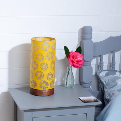 Flat Round Sapele Table Lamp (15cm) with 15cm x 30cm Drum Lampshade in B128 ~ Batik Star Flower Yellow