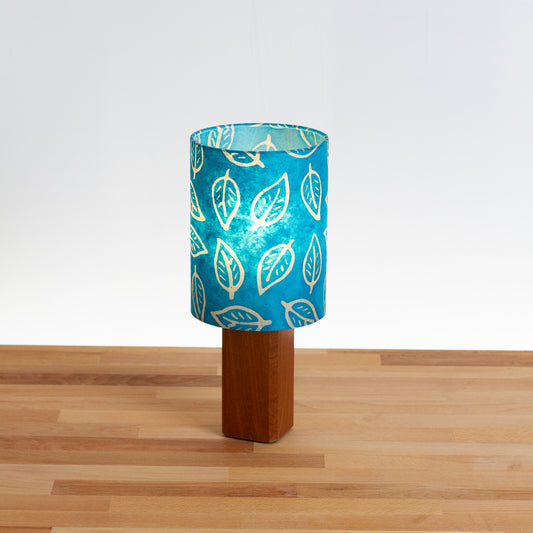 Square Sapele Table Lamp with 15cm Drum Lamp Shade B125 ~ Batik Leaf Teal
