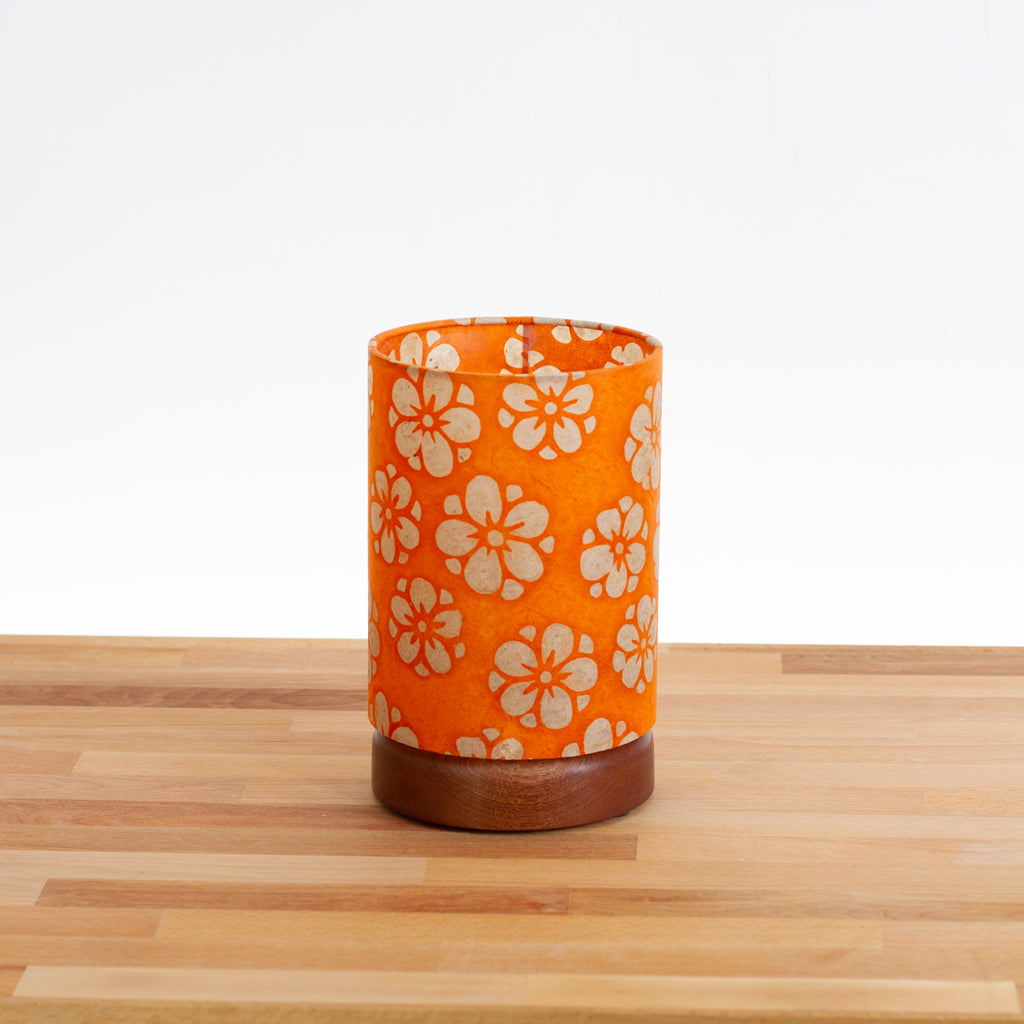 Flat Round Sapele Table Lamp with 15cm x 20cm Lampshade in P94 - Batik Star Flower on Orange