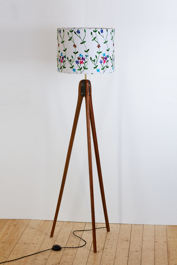 Sapele Tripod Floor Lamp - P43 - Embroidered Flowers on White
