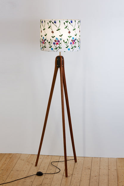 Sapele Tripod Floor Lamp - P43 - Embroidered Flowers on White
