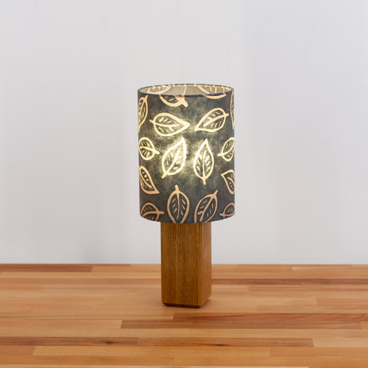 Square Oak Table Lamp with 15cm Drum Lamp Shade B124 ~ Batik Leaf Grey