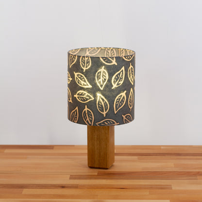 Square Oak Table Lamp with 20cm Drum Lamp Shade ~ Batik Leaf Grey(B124)
