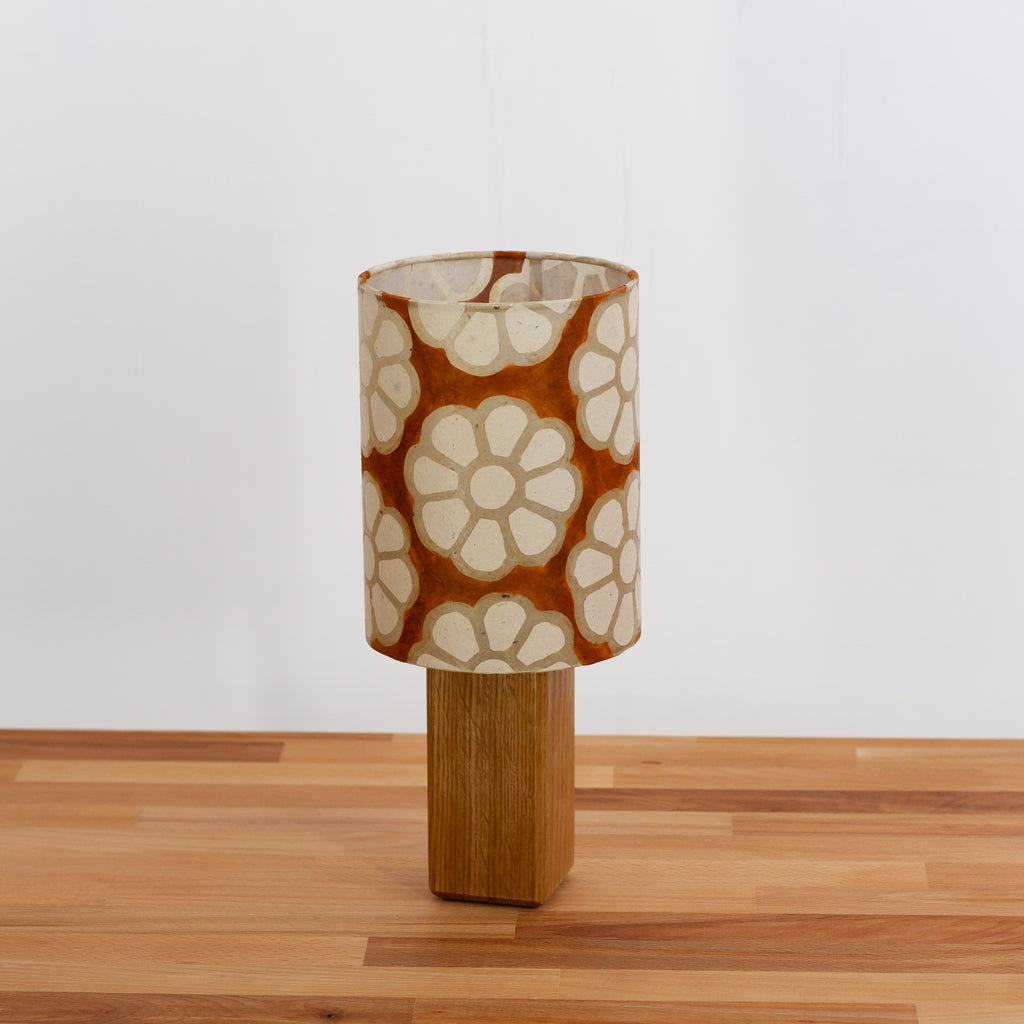 Square Oak Table Lamp with 15cm Drum Lamp Shade ~ Batik Big Flower on Brown(P20)