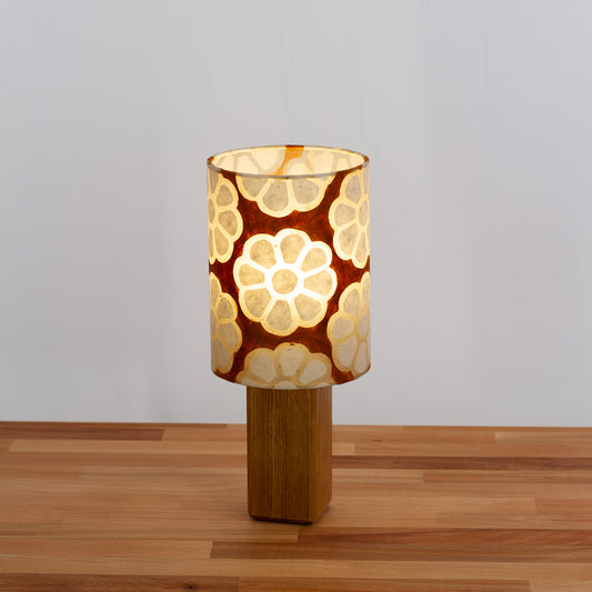 Square Oak Table Lamp with 15cm Drum Lamp Shade ~ Batik Big Flower on Brown(P20)