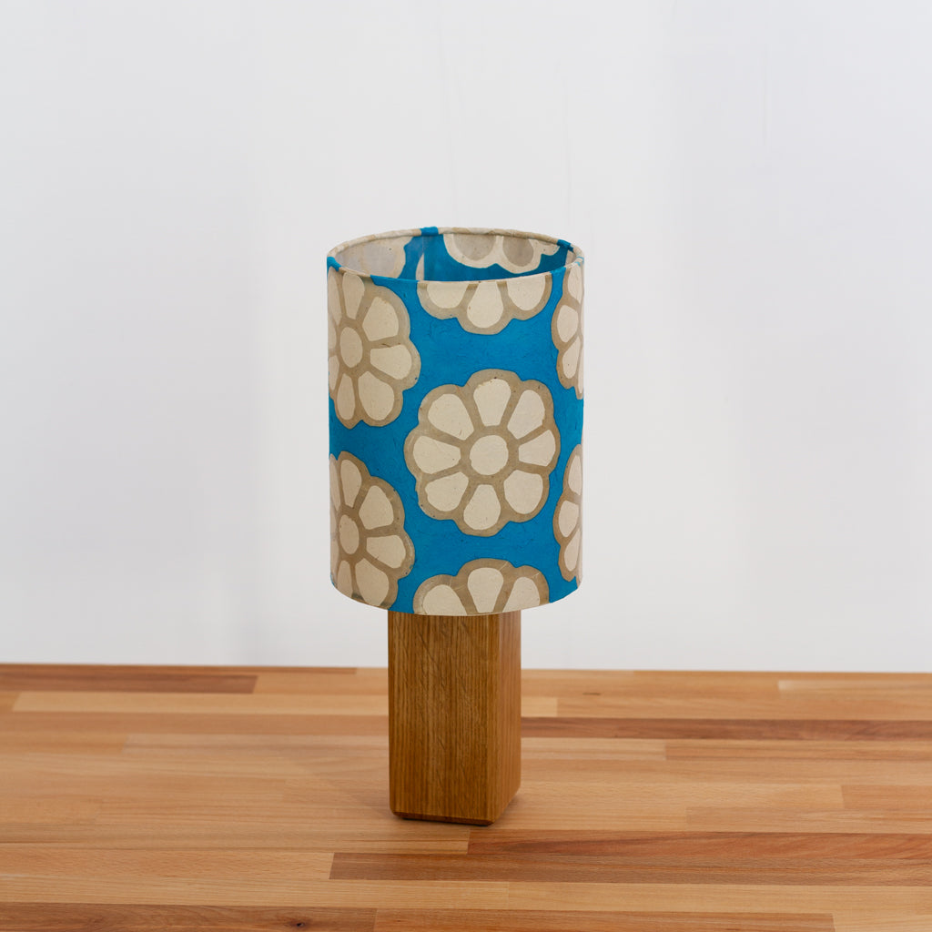 Square Oak Table Lamp with 15cm Drum Lamp Shade P23 ~ Batik Big Flower on Teal