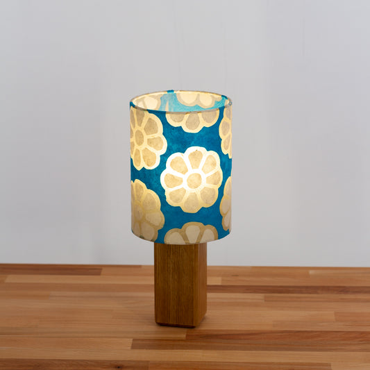 Square Oak Table Lamp with 15cm Drum Lamp Shade P23 ~ Batik Big Flower on Teal