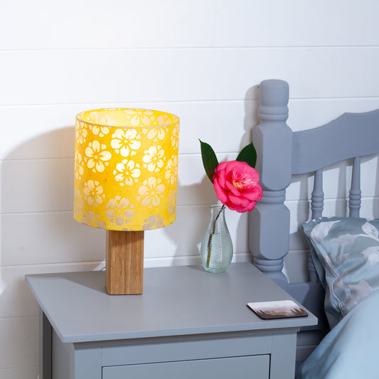 Square Oak Table Lamp with 20x20cm Drum Lamp Shade B128 ~ Batik Star Flower Yellow