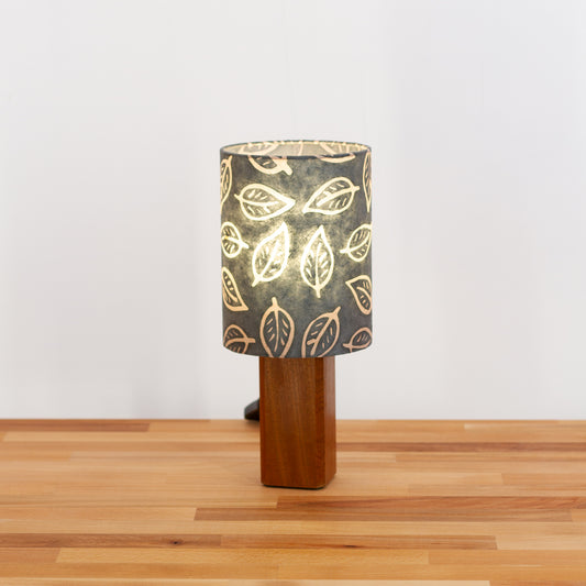 Square Sapele Table Lamp with 15cm Drum Lamp Shade B124 ~ Batik Leaf Grey