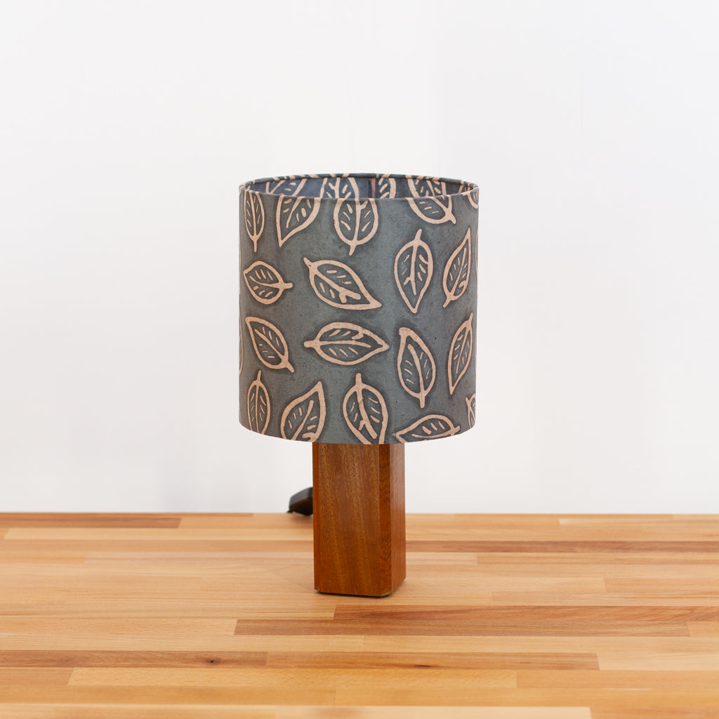 Square Sapele Table Lamp with 20cm Oval Lamp Shade B124 ~ Batik Leaf Grey