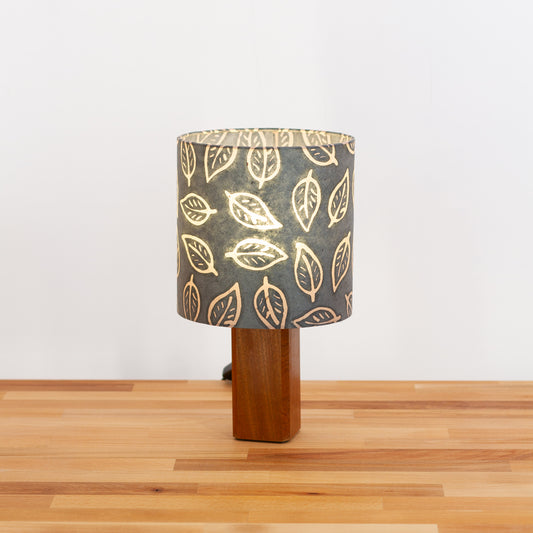 Square Sapele Table Lamp with 20cm Oval Lamp Shade B124 ~ Batik Leaf Grey