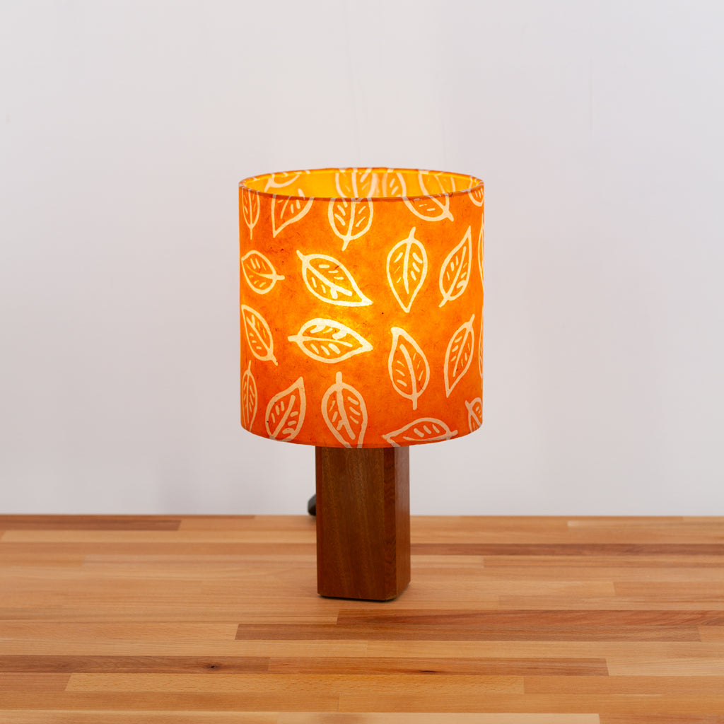 Square Sapele Table Lamp with 20cm Oval Lamp Shade B123 ~ Batik Leaf Orange