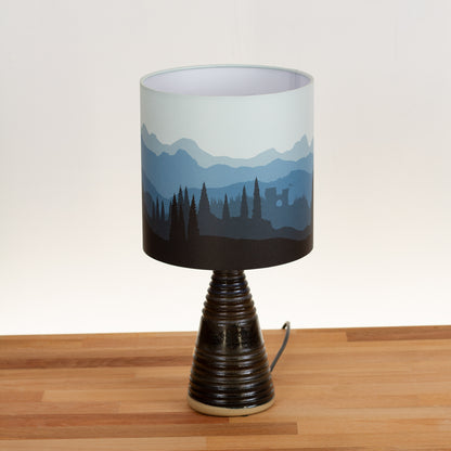 Stoneware Table Lamp Base with Dark Glaze, Landscape #1 Blue Drum Lampshade