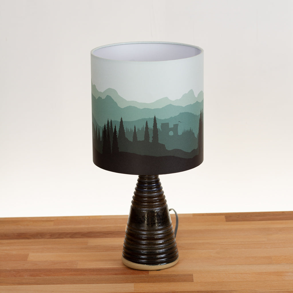 Stoneware Table Lamp Base with Dark Glaze, Landscape #1 Green Drum Lampshade