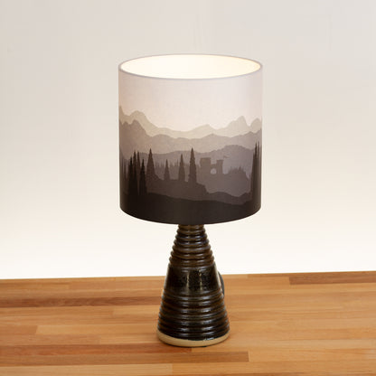Stoneware Table Lamp Base with Dark Glaze, Landscape #1 Grey Drum Lampshade