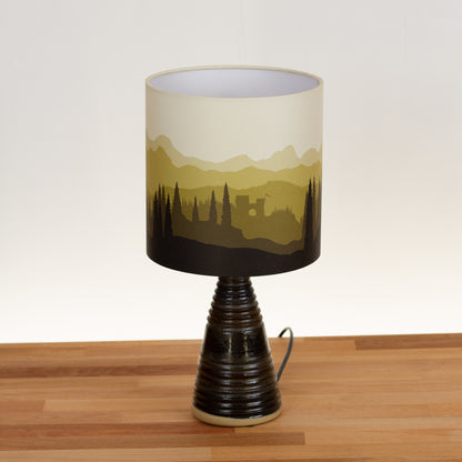 Stoneware Table Lamp Base with Dark Glaze, Landscape #1 Yellow Drum Lampshade