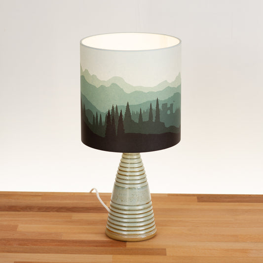 Stoneware Table Lamp Base with Green Glaze, Landscape #1 Green Drum Lampshade