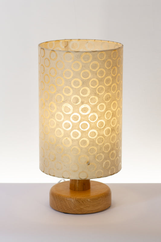 Round Oak Table Lamp (15cm) with 20cm x 30cm Lamp Shade in P74 ~ Batik Natural Circles