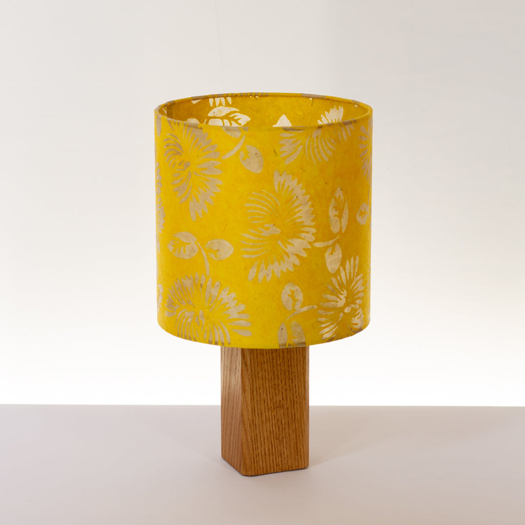 Square Oak Table Lamp with 20cm Drum Lamp Shade B120 - Batik Peony Yellow