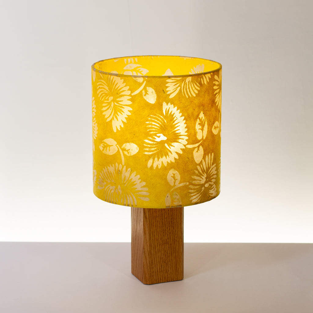 Square Oak Table Lamp with 20cm Drum Lamp Shade B120 - Batik Peony Yellow