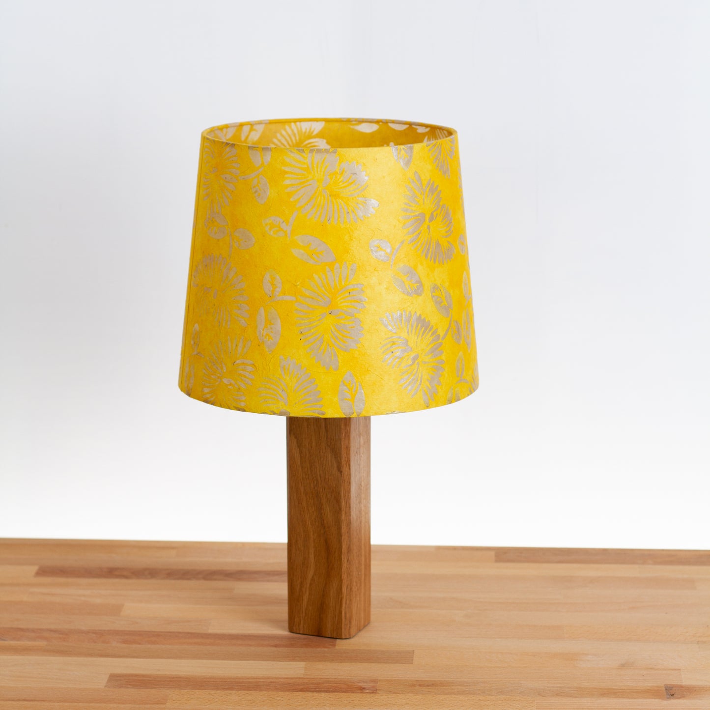 Square Oak Table Lamp with Conical Lamp Shade B120 Batik Peony Yellow