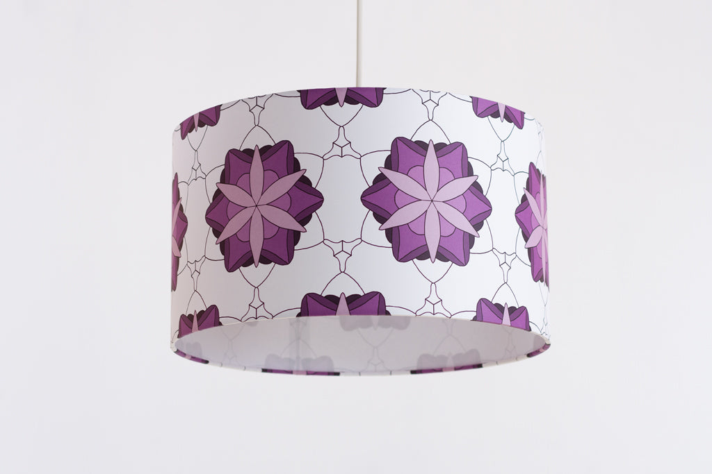 Drum Lamp Shade 35cm(d) x 20cm(h) Geometric Flowers Purple (D42)