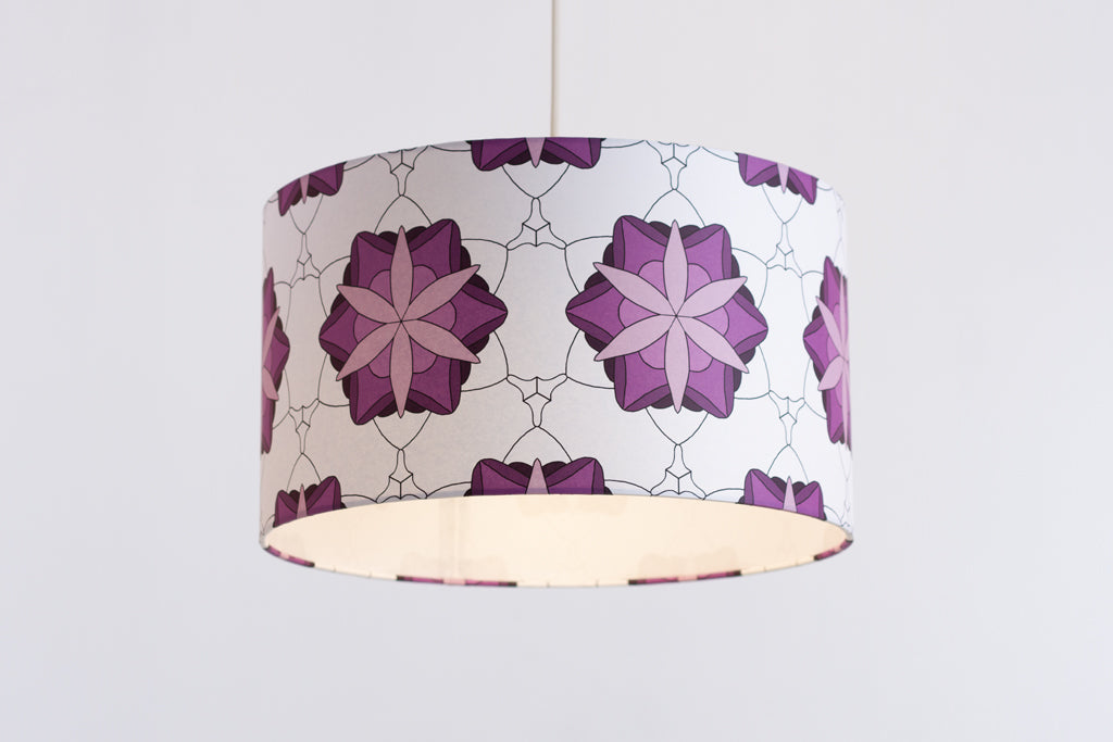 Drum Lamp Shade 35cm(d) x 20cm(h) Geometric Flowers Purple (D42)
