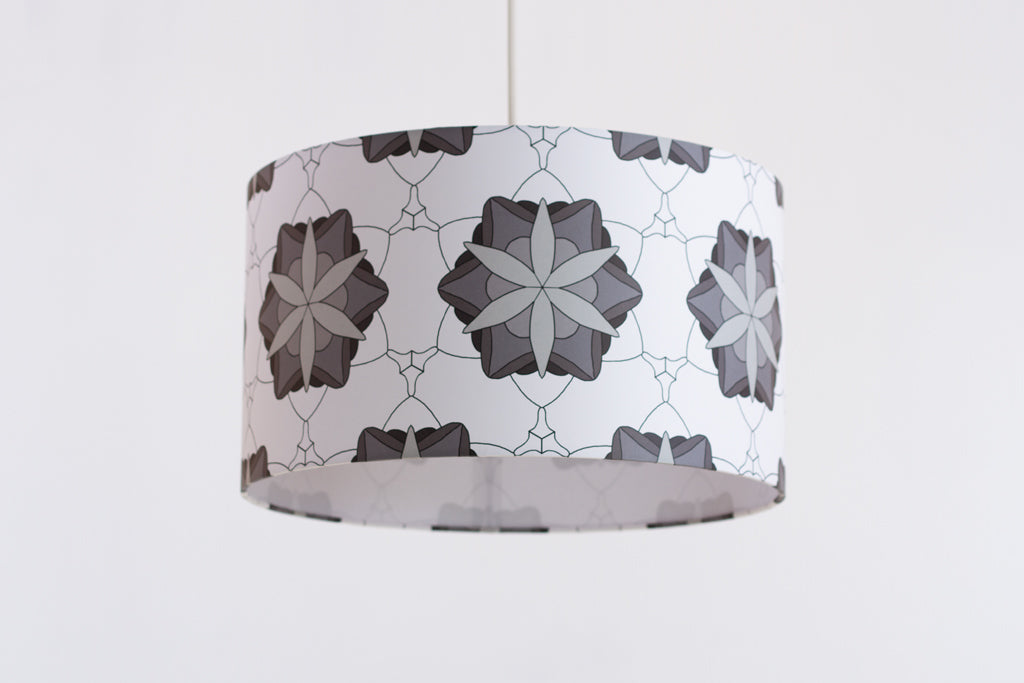 Drum Lamp Shade 35cm(d) x 20cm(h) Geometric Flowers Grey (D45)