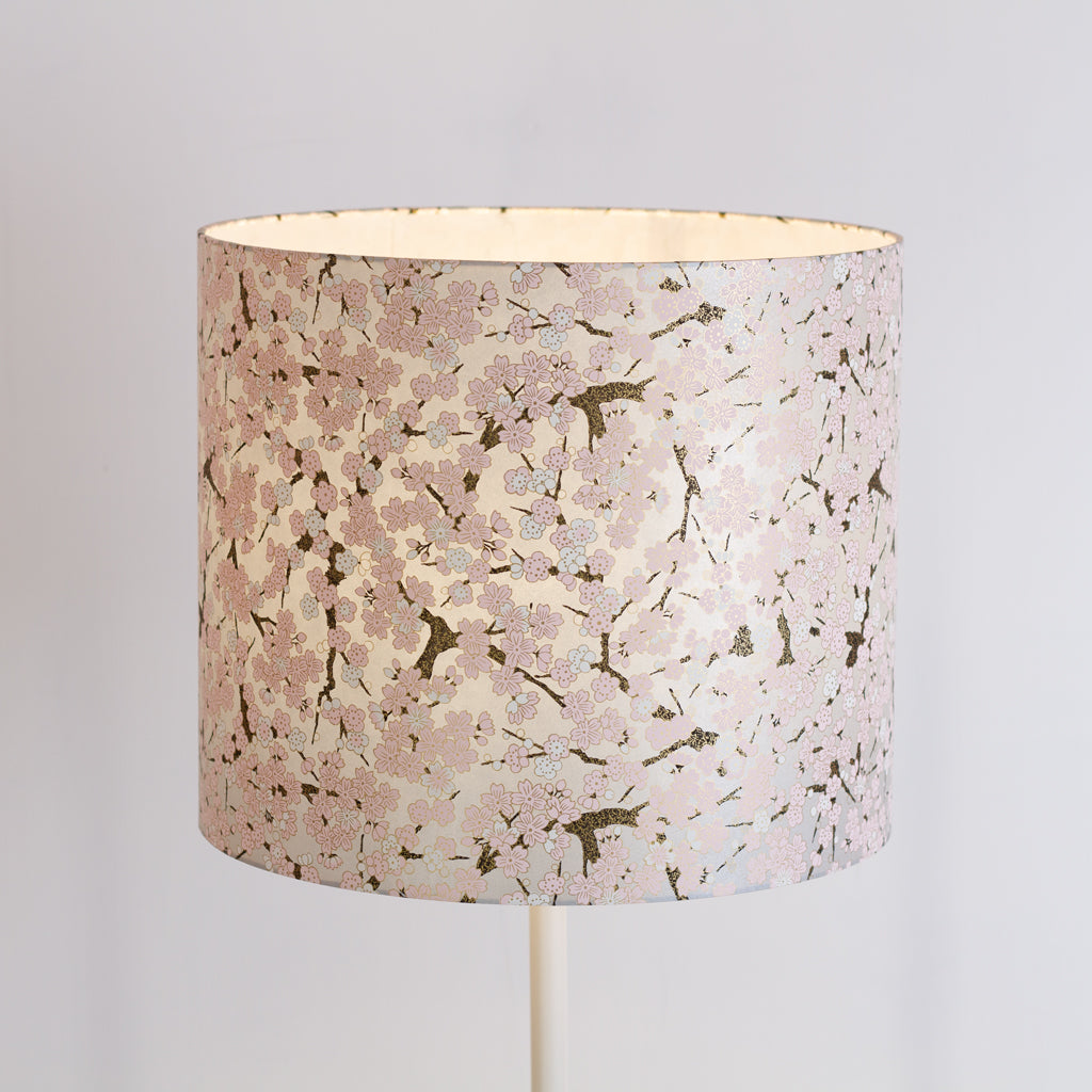 Drum Lamp Shade - W02 ~ Pink Cherry Blossom on Grey, 35cm(d) x 30cm(h)
