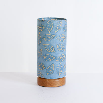 Flat Round Oak Table Lamp with 15cm x 30cm Lampshade in P31 - Batik Leaf on Blue
