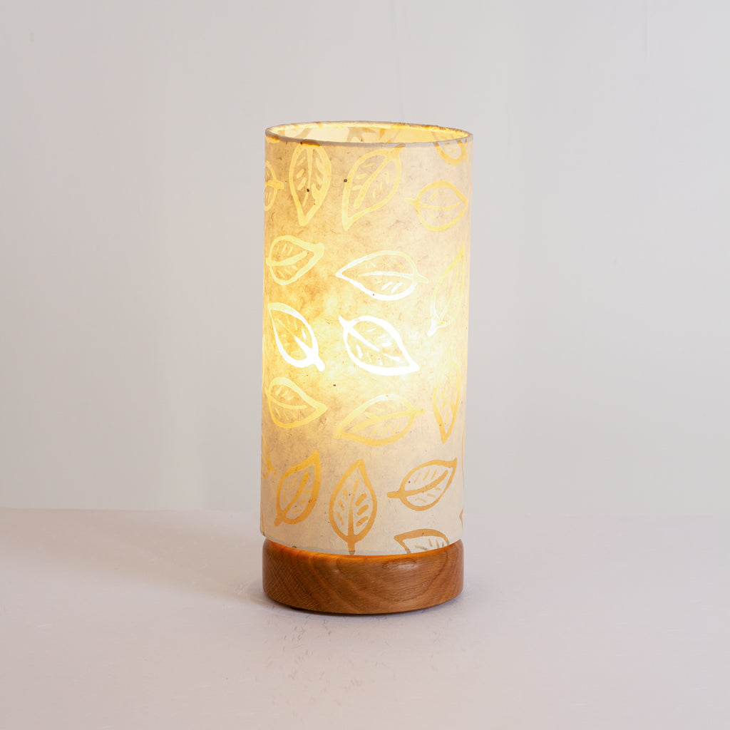 Flat Round Oak Table Lamp with 15cm x 30cm Lampshade in P28 ~ Batik Leaf on Natural