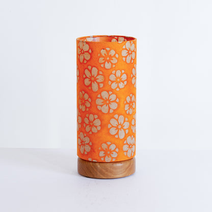 Flat Round Oak Table Lamp with 15cm x 30cm Lampshade in P94 - Batik Star Flower on Orange