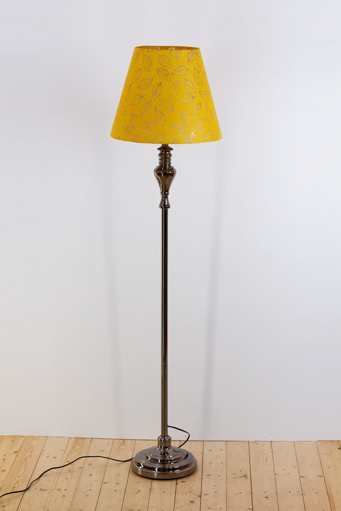 Dark Chrome Floor Lamp ~ Conical Lamp Shade B107 ~ Batik Leaf Yellow