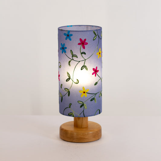 Round Oak Table Lamp (15cm) with 15cm x 30cm Lamp Shade in P46 ~ Embroidered Evening Blue