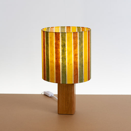 Square Oak Table Lamp with 20cm Drum Lamp Shade P06 ~ Batik Stripes Autumn