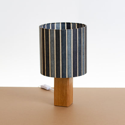 Square Oak Table Lamp with 20cm Drum Lamp Shade P08 ~ Batik Stripes Grey