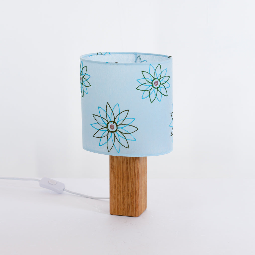 Square Oak Table Lamp with 20cm Oval Lamp Shade P45 ~ Embroidered Aqua