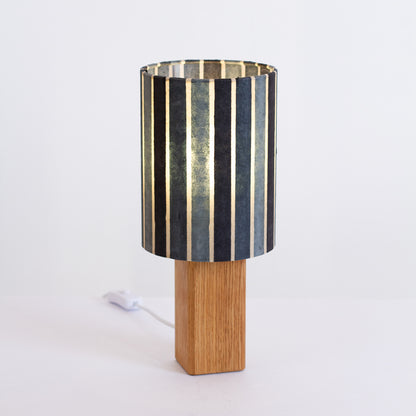Square Oak Table Lamp with 15cm Drum Lamp Shade P08 ~ Batik Stripes Grey