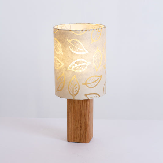 Square Oak Table Lamp with 15cm Drum Lamp Shade P28 ~ Batik Leaf on Natural