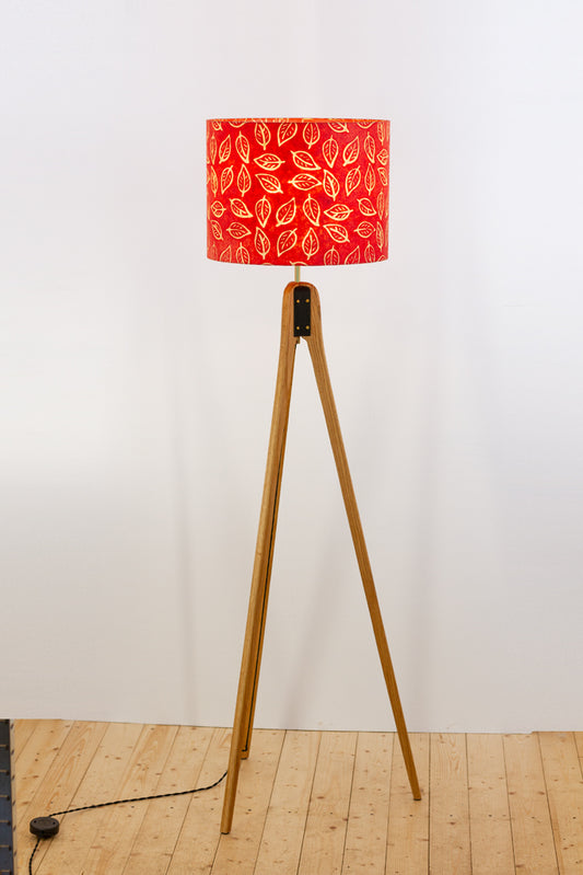 Oak Tripod Floor Lamp - P30 - Batik Leaf on Red