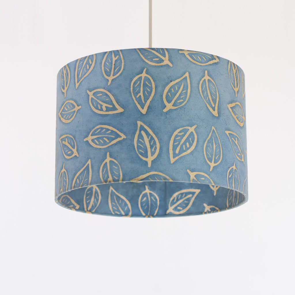 Drum Lamp Shade - P31 - Batik Leaf on Blue, 30cm(d) x 20cm(h)