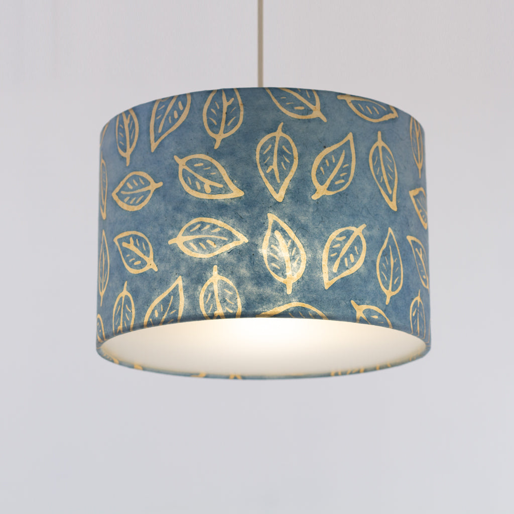 Drum Lamp Shade - P31 - Batik Leaf on Blue, 30cm(d) x 20cm(h)