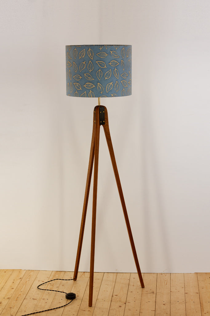 Sapele Tripod Floor Lamp - P31 - Batik Leaf on Blue