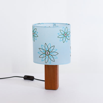 Square Sapele Table Lamp with 20cm Oval Lamp Shade P45 ~ Embroidered Aqua